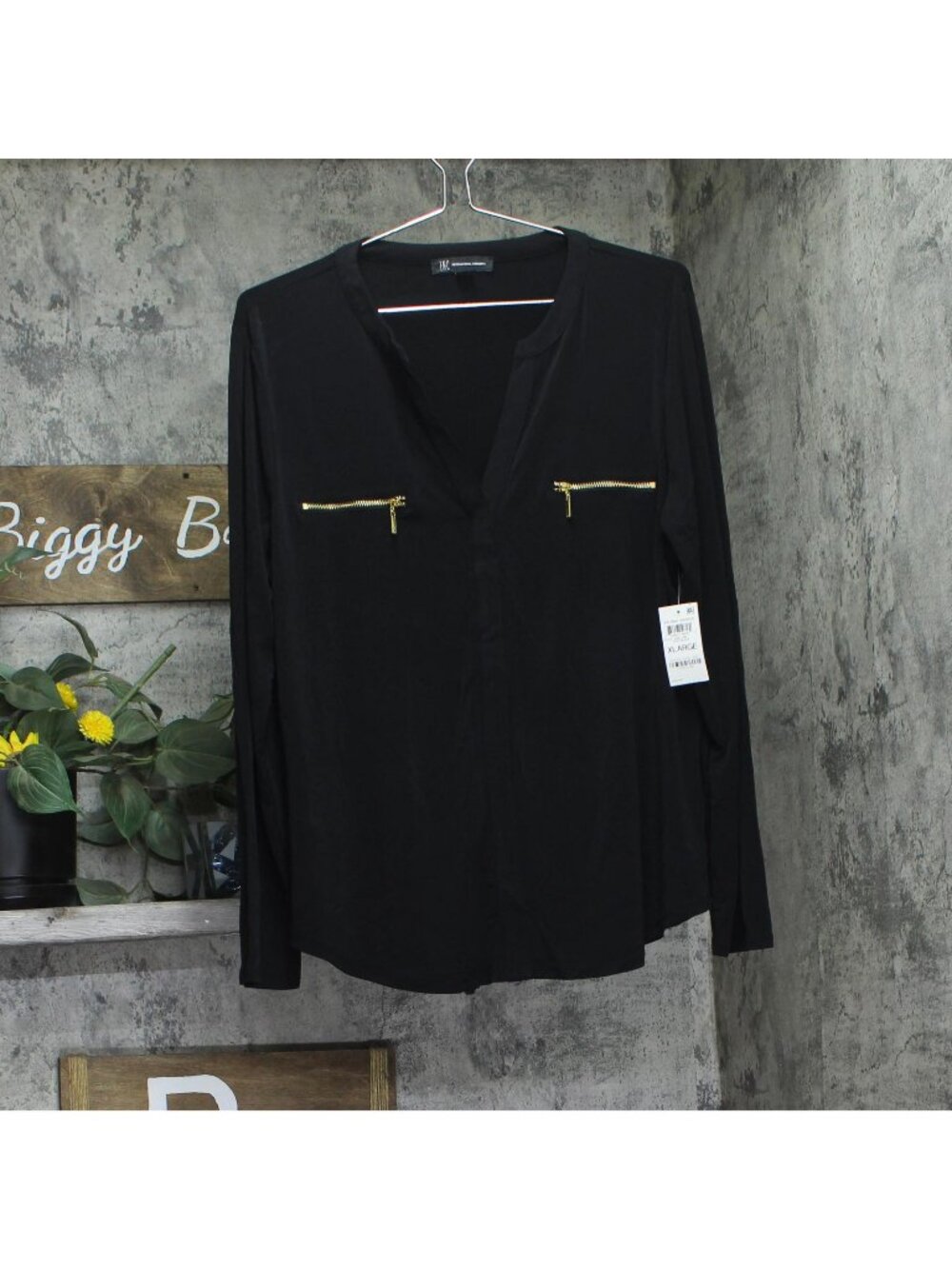INC International Concepts Zip-Pocket Woven Long Sleeve Blouse Deep Black XL